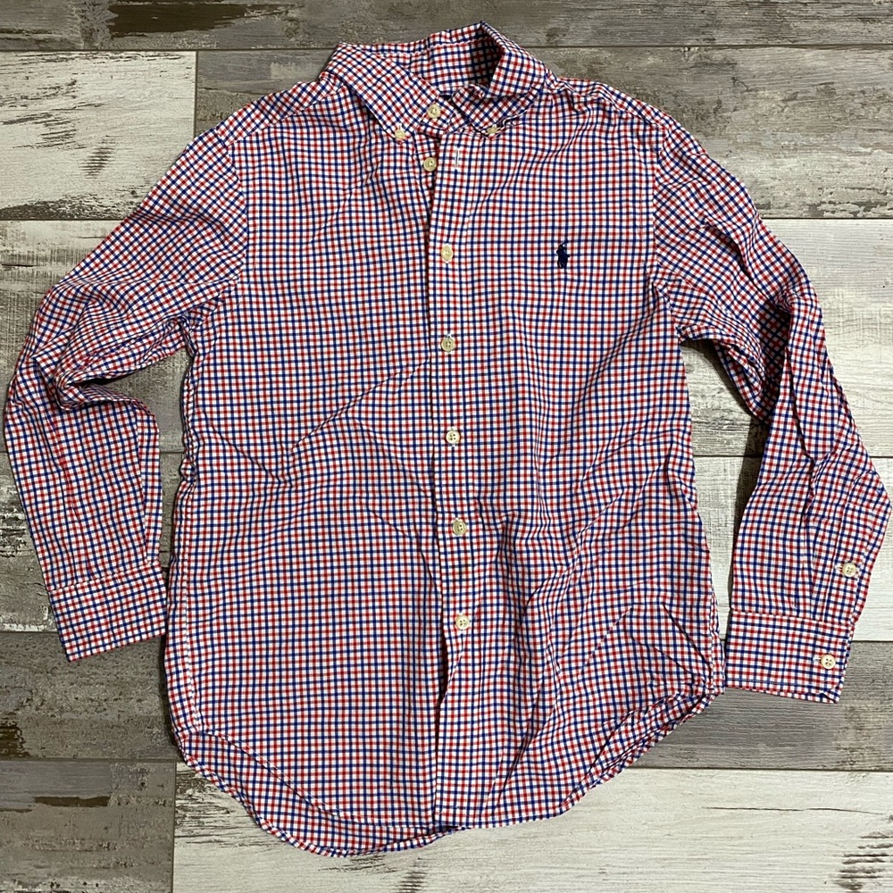 Polo boys button down plaid shirt size med 10/12 in excellent condition.